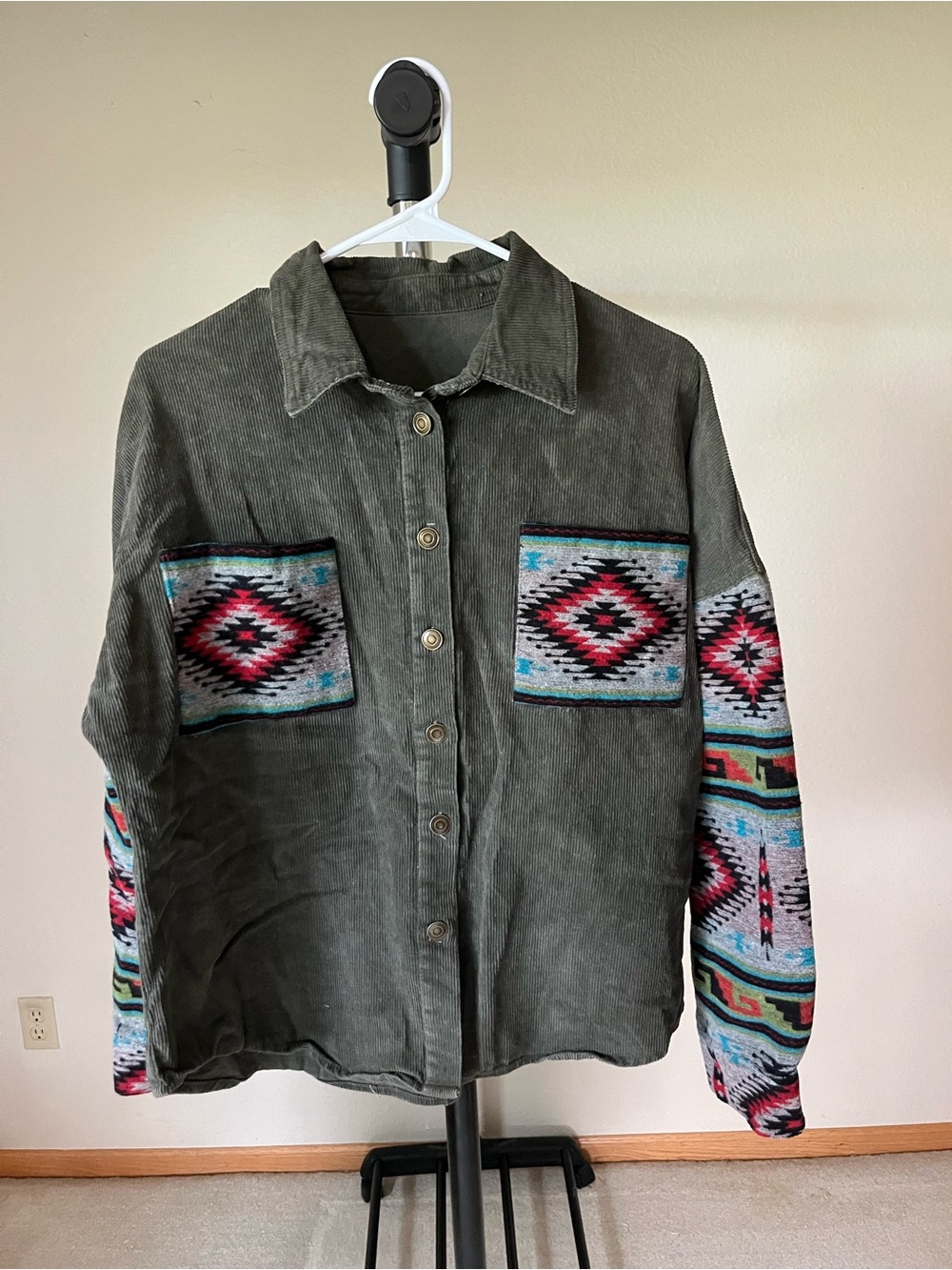 Women's Olive Corduroy Jacket with Aztec Accent